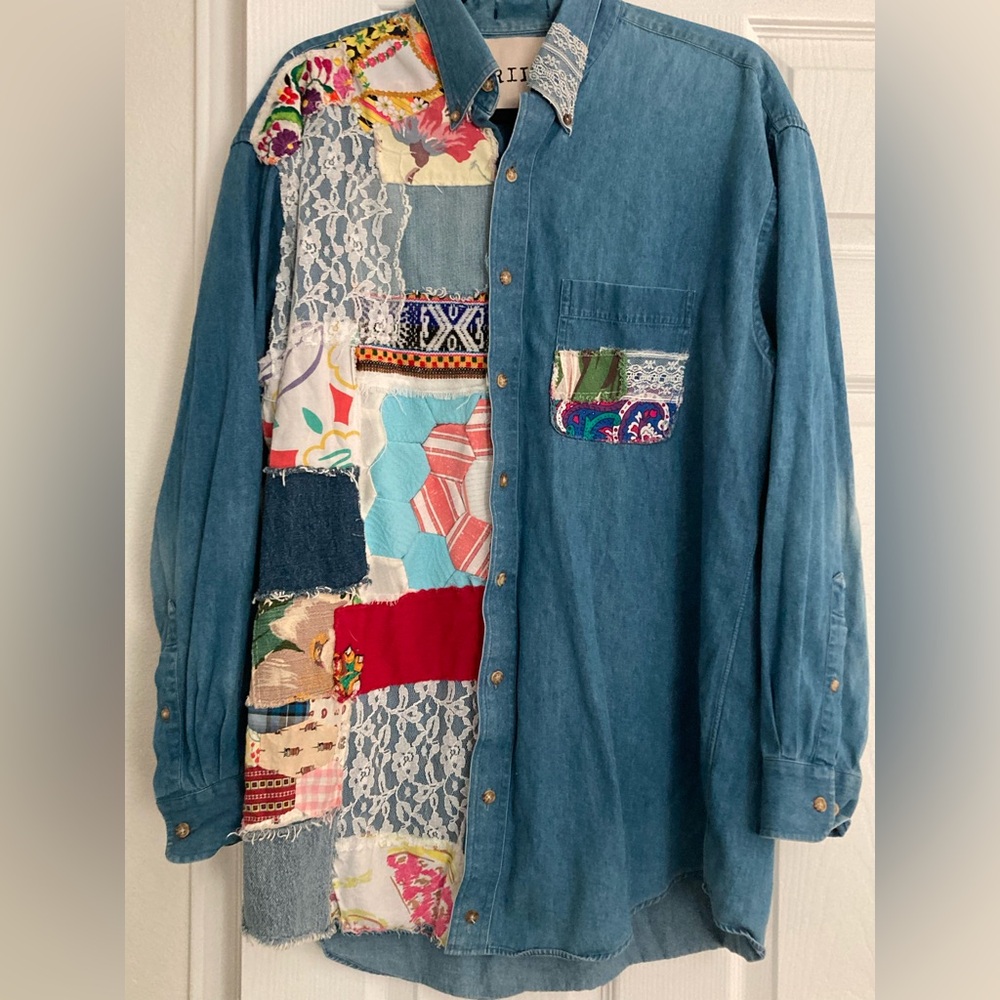 Free People Riley Vintage Denim Patchwork Shirt Dress XS